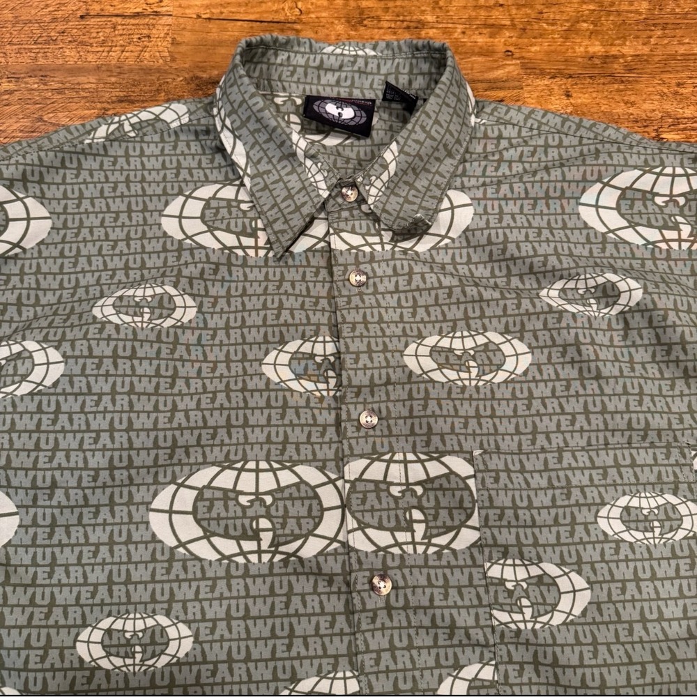 Vintage Wu Wear Green Wu‎ Tang Clan Logo Hip Hop Rap Y2K Button Up Shirt Men's L